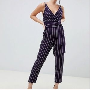 ASOS DESIGN Curve wrap jumpsuit with self belt in navy stripe